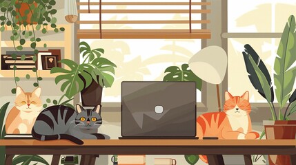 Flat design illustration concept of home office with cat and laptop