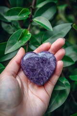 sharp photo of a hand holding a heart-shaped purple jade natural stone, with green leaves