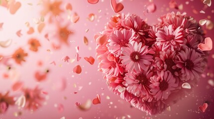 A pink heart-shaped flower arrangement with petals falling around it against a pink background.  Romantic and festive, perfect for Valentine's Day or wedding imagery.