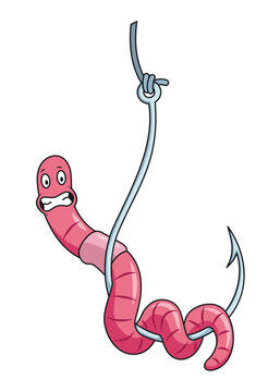 Cute worm character on hook. Fishing leisure icon. Funny symbol on fishing hook in cartoon style. Vector illustration