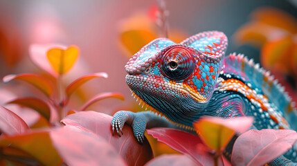 Colorful Chameleon in Orange Leaves - 3D Illustration