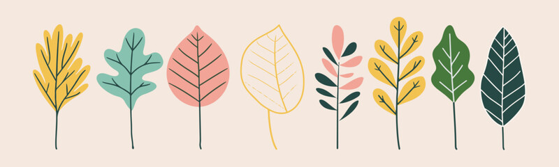 Tree and leaf collection hand drawn flat design element. botanical set of bare trees and ones with leaves and lush limited pastel color