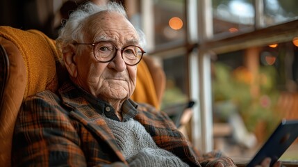 An elderly person enjoys a quiet moment in an armchair, using a tablet device, surrounded by a cozy environment that exudes warmth and comfort.