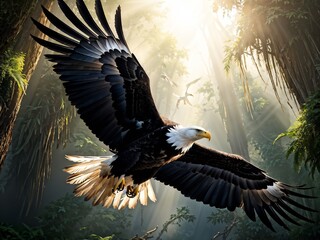 Beautiful Eagle flying in the Jungle. Bald Eagle Soaring Through the Jungle. Eagle Sniper Shot in the Canopy. Bald Eagle in the Heart of the Jungle. Eagle's Journey wildlife photography concepts