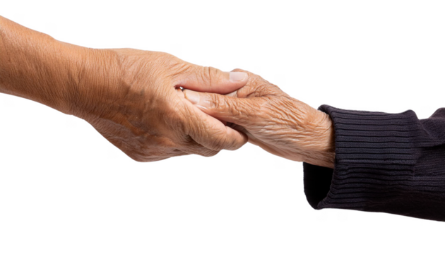 elderly hands gently holding each other cut out transparent isolated on white background PNG
