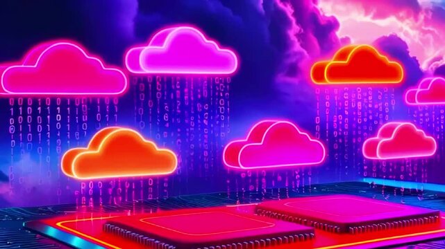 This video shows neon pink and red clouds with binary code falling from them, above a computer chip.