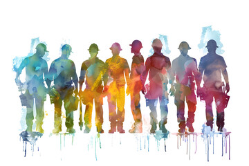 Watercolor illustration of group silhouette of workers, people, professions, occupations isolated on white background