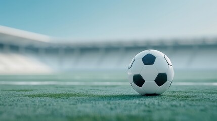 A soccer ball sits on a green field, with a blurred stadium in the background, ready for the game to begin.