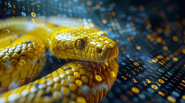 A golden snake intertwined with binary code, symbolizing Python programming and coding.