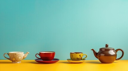 Vintage tea and coffee cups and teapot on yellow table against blue background High quality vertical photo