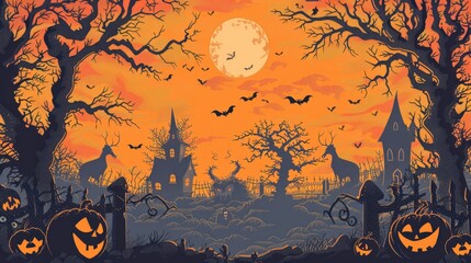 A spooky Halloween night scene with a full moon, bats, pumpkins, and a haunted house.