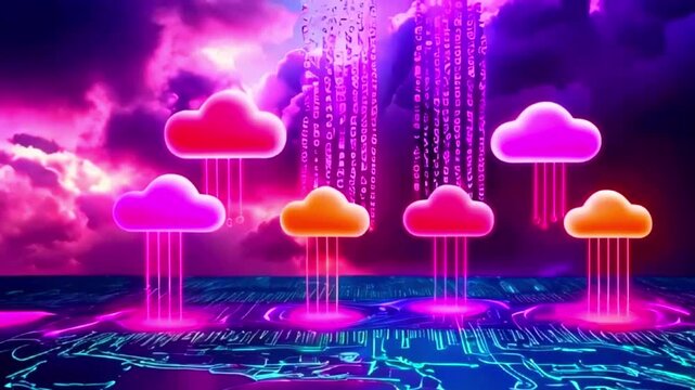 This video shows a futuristic landscape with clouds, a circuit board, and falling digital code.