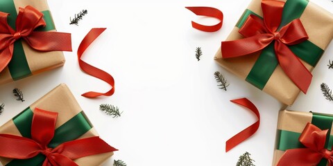 Christmas gifts wrapped in brown paper with red and green ribbons on white background. Perfect for holiday marketing and gift guides.
