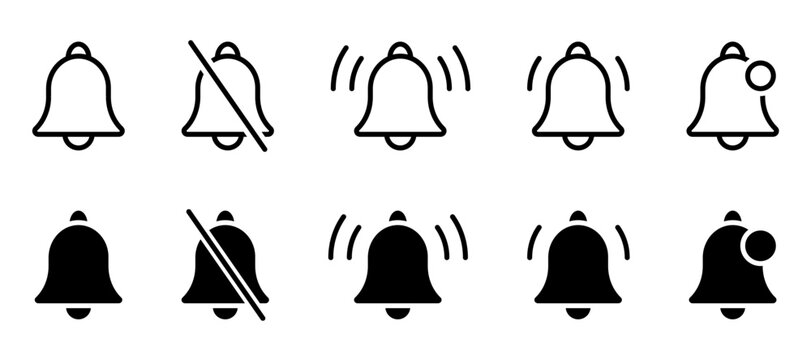 Notification icon set. New message sign. Ringing bell symbol. Alarm alert pictogram. Mute reminder illustration.