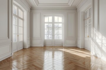 Obraz premium Top view of empty scandinavian style interior room, white wall and parquet floor, Generative AI