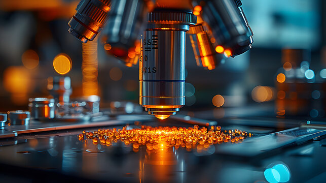 Close-up of a microscope lens focused on tiny particles, representing advanced scientific research and innovation in nanotechnology.
