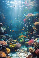 Fototapeta premium Vibrant Coral Reefs and Diverse Marine Life: A Glimpse into an Enchanting Underwater World Teeming with Ocean Creatures
