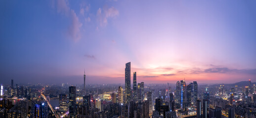 Aerial photography of Guangzhou city center skyline at night