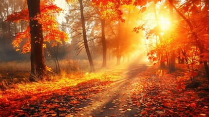 Obraz premium Path in autumn forest. Orange trees, reddish brown maple leaves in autumn city park. Nature scenery at sunset