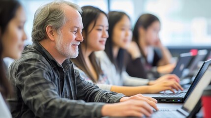 Adult learners in a modern classroom setting, each working on laptops, with a knowledgeable instructor providing guidance, the atmosphere professional yet supportive, promoting continuous education