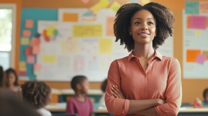 A young African American teacher standing at the front of a bright and cheerful classroom, engaging students with an interactive lesson, the students actively participating, the room filled with