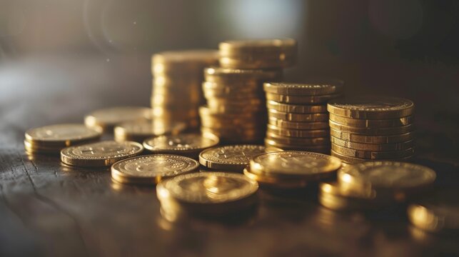 Close-up of a pile of golden coins, representing wealth, finance, and prosperity.