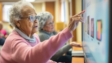 Seniors in a community center learning to use the latest technology, the instructor demonstrating features on a large screen, the seniors following along on their own devices, the environment