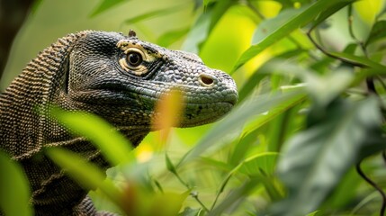 Obraz premium Komodo Dragon Portrait in Lush Greenery
