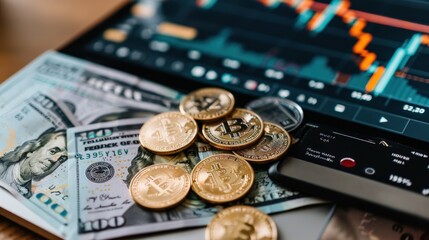 Cryptocurrency coins and US dollar bills on a tablet showing a stock chart.