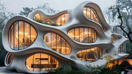 Fototapeta premium Futuristic, organic-shaped building with large windows and glowing interiors in a misty forest, showcasing innovative architectural design