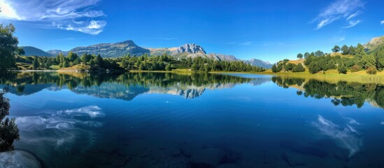 Mountain Lake Reflecting Clouds and Trees