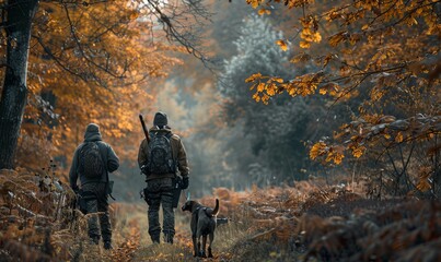 Fototapeta premium Autumn hunters with dogs, forest edge, hunting gear ready, fall landscape, anticipation