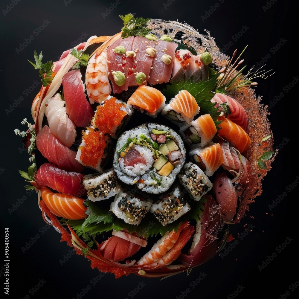 Wall mural A vibrant assortment of sushi rolls and sashimi arranged in a circular pattern. The image showcases various types of fresh sushi.