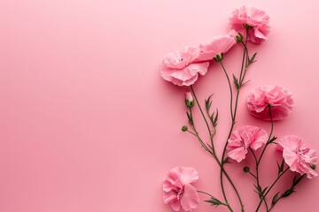Stunning pink flowers with slender green stems arranged beautifully against a plain pink background, showing elegance.