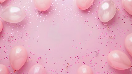 Pink balloons and confetti create a festive frame on a pink background.