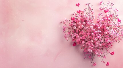Pink flowers arranged in a heart shape on a pink background.  Perfect for Valentine's Day or love themed projects.