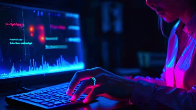 A person sitting at a computer with a bright screen and headphones on. They're likely using a computer with a keyboard and mouse.