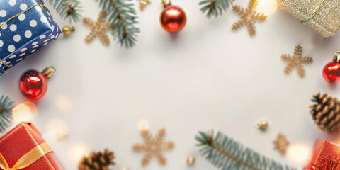 Christmas gifts and ornaments on a white background with pine branches. Ideal for holiday cards and festive decorations