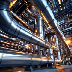 Industrial Piping System in Factory. The image displays a large-scale industrial facility with extensive pipes and machinery.