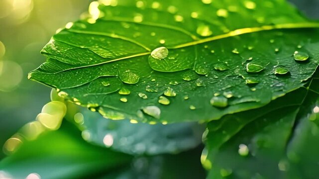 fresh green leaves with water drops over the water , relaxation with water ripple drops concept , green leaf in the rain, tropical landscapes, Green water splash nature background