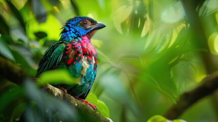 Obraz premium An elusive and colorful Purple-breasted Cotinga perched amidst the lush greenery of the Amazon rainforest.