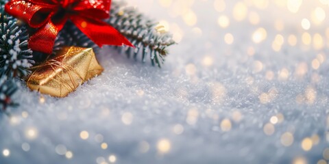 Christmas decorations with red and gold gift boxes, pine branches, and festive lights on a snowy background. Perfect for holiday cards.