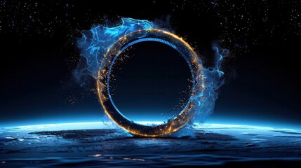 A glowing blue and gold ring floats in space, emitting sparks and smoke, over a blue planet.