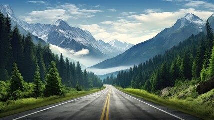 Scenic Mountain Road Winding Through Lush Forest Landscape Under Bright Blue Sky