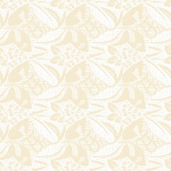 Obraz premium Modern white on cream lace effect wedding background texture. Soft tonal linen openwork block print with subtle hand drawn lattice damask printed fabric backdrop. 