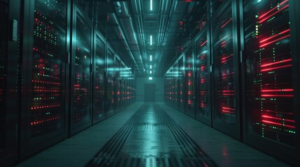 Fototapeta premium Rows of server racks lit with red and green lights in a dark data center
