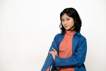 Beautiful asian young woman looking at camera wearing turtle neck shirt, for skin care design purpose