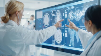 Two doctors in a lab, analyzing medical images on a large screen.