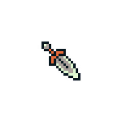 Sword, pixel art style icon, medievalist weapons, isolated vector illustration. Design for sticker, mobile app and logo. Game assets 8-bit sprite.