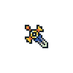 Sword, pixel art style icon, medievalist weapons, isolated vector illustration. Design for sticker, mobile app and logo. Game assets 8-bit sprite.